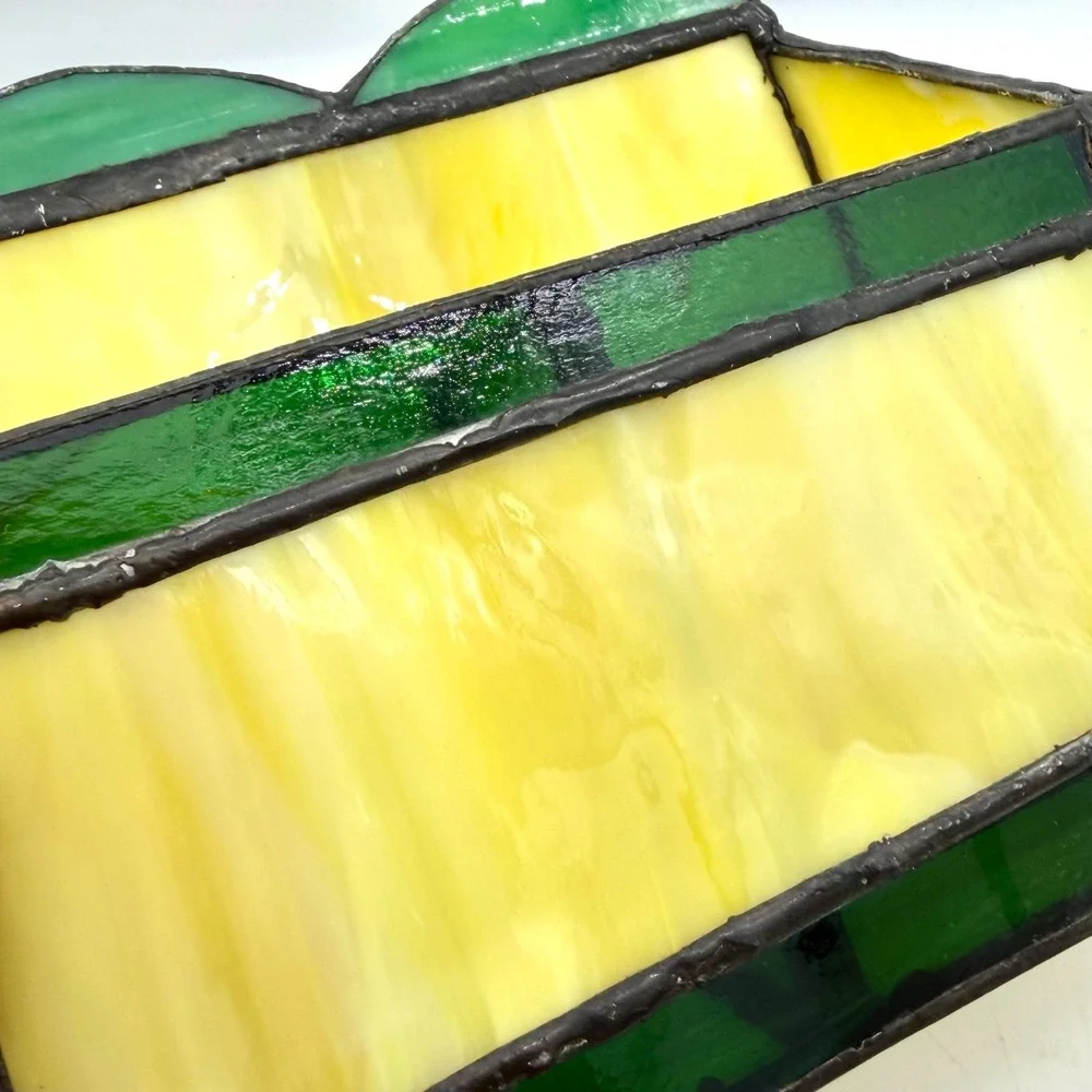Vintage Stained Slag Glass‎ Letter Holder Mail Organizer Flower Opener Yellow